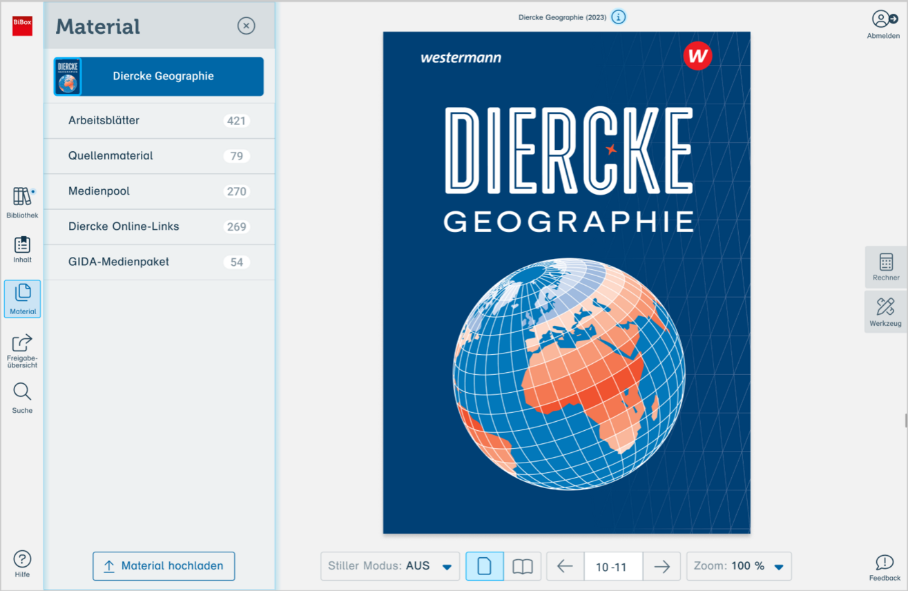 Screenshot BiBox-Benutzeroberfläche mit Material und Cover Diercke Geographie