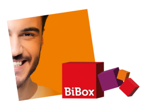 lachender Lehrer, BiBox-Logo in 3D