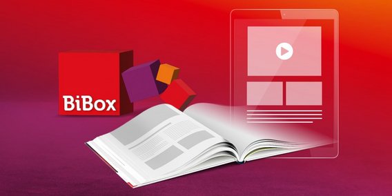 BiBox-Logo in 3D, aufgeschlagenes Schulbuch, Tablet