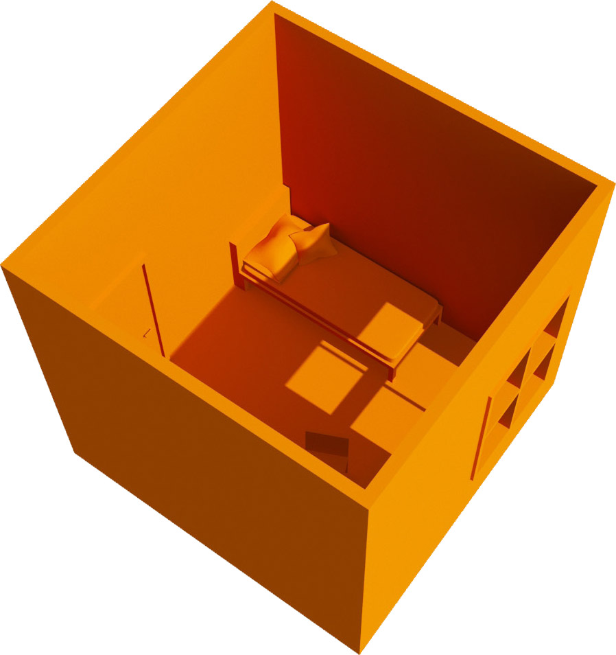 würfelförmiges 3D-Modell eines Jugendzimmers in orange