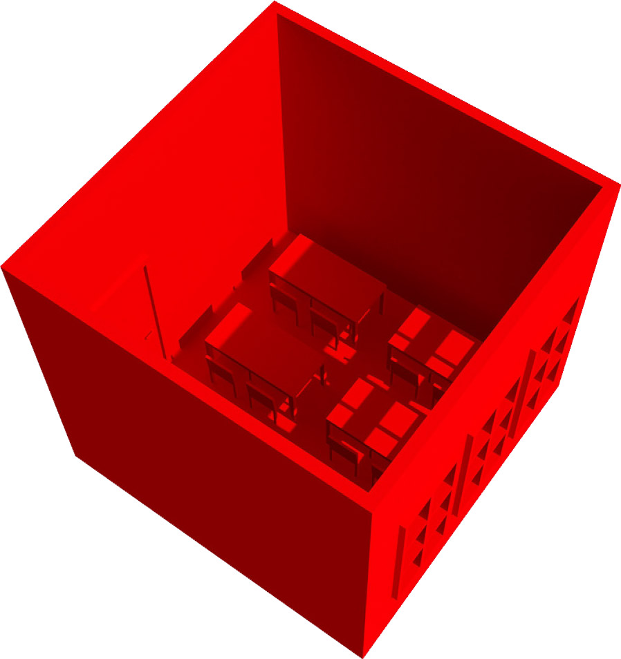 würfelförmiges 3D-Modell eines Klassenzimmers in rot